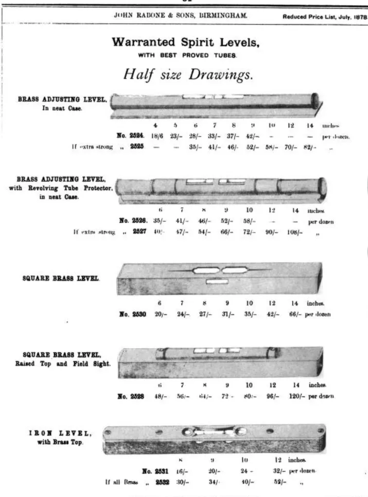 1878 page showing Rabone brass adjusting spirit levels with case, version with revolving tube protector, square brass levels including raised top and field sight, and an iron level with brass top in 6 to 14 inch lengths.