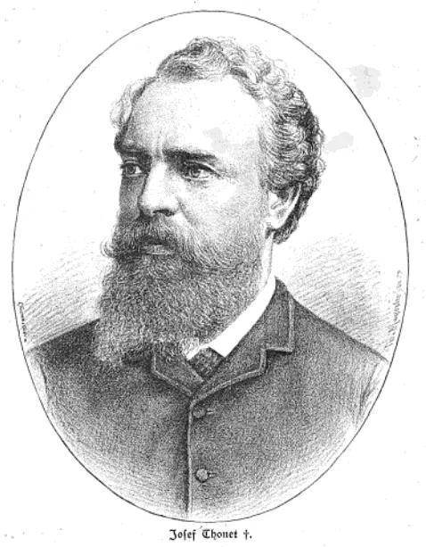 Engraved portrait of Josef Thonet with beard and formal coat, shown in oval frame, captioned with his name.