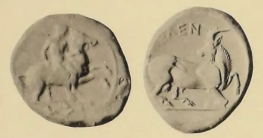 Two-sided photograph of an ancient Greek silver stater from Kelenderis in Cilicia. The obverse shows a nude horseman riding to the right, with a small symbol beneath. The reverse shows a goat kneeling to the right on one knee, with the inscription KEΛEN above.