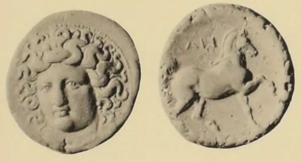 Black-and-white two-sided plate image of an ancient Greek silver stater from Larissa in Thessaly. The obverse shows the facing head of the nymph Larissa with flowing hair. The reverse shows a horse prancing to the right, with part of the legend visible.