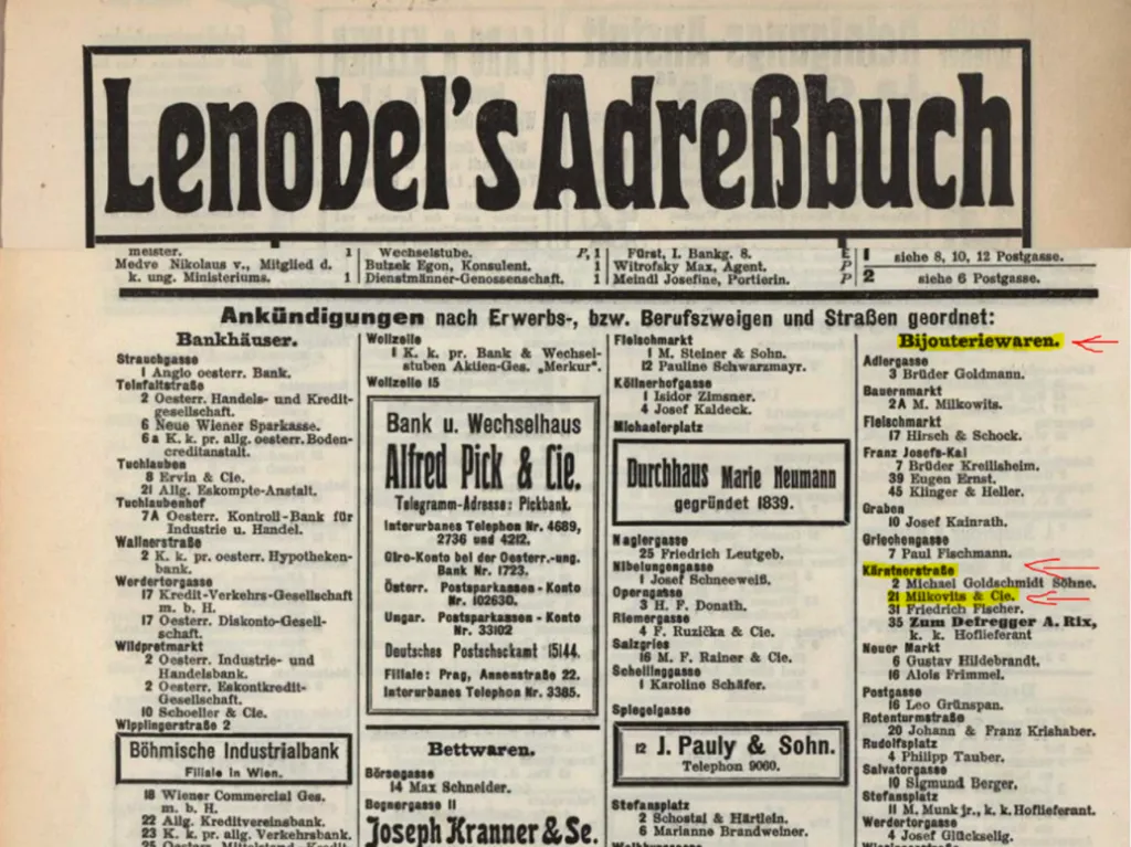 Dieses historische Adressbuch bestätigt die Präsenz von Milkovits & Cie in der Kärntnerstraße 21 als Juwelier und unterstreicht seinen Status unter den führenden Luxusgeschäften Wiens.