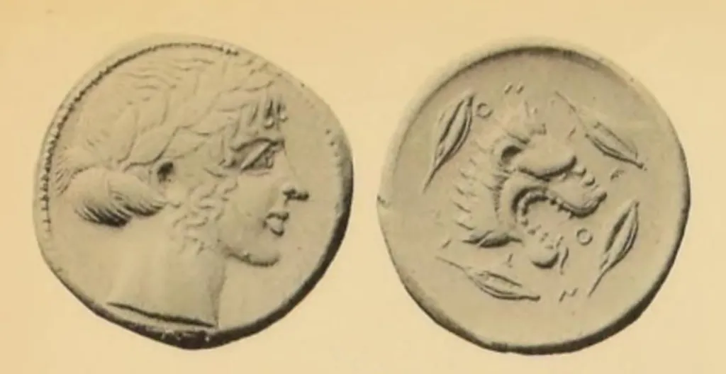 Antike griechische Silber-Tetradrachme in Vorder- und Rückseitenansicht; die Vorderseite zeigt den lorbeerbekränzten Kopf Apollons nach rechts, die Rückseite einen brüllenden Löwenkopf nach rechts, umgeben von vier Gerstenkörnern und der Legende LEONTINON.