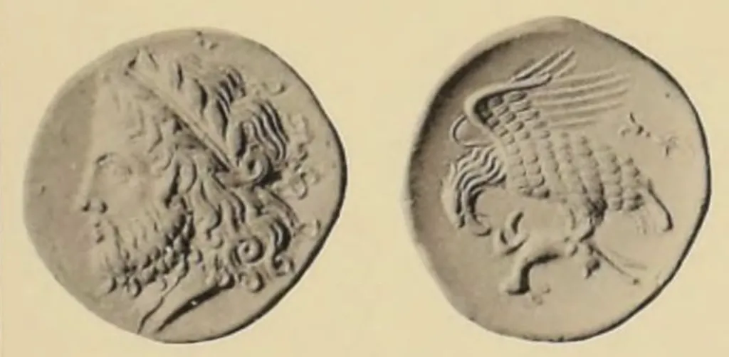 Black-and-white two-sided plate image of an ancient Greek silver stater from Lokroi in Bruttium. The obverse shows a laureate head of Zeus facing left. The reverse shows an eagle standing left on a hare, with a thunderbolt in the field.