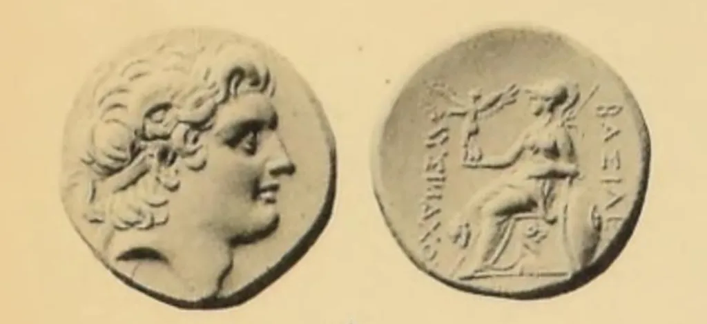 Goldstater des Lysimachos aus Thrakien mit dem vergöttlichten Kopf Alexanders des Großen und Athena Nikephoros mit Nike und einem Löwenkopf-Kontrollzeichen.