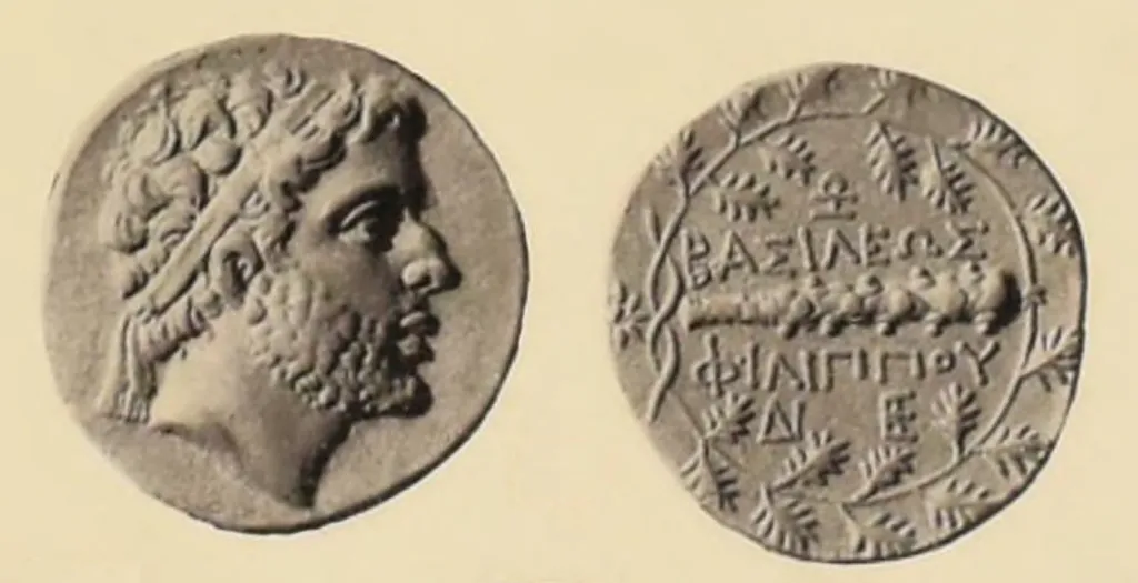 Ancient Greek silver didrachm of Philip V of Macedon, shown in two views, with a diademed royal head facing right on the obverse and a club with monograms enclosed by an oak wreath on the reverse.