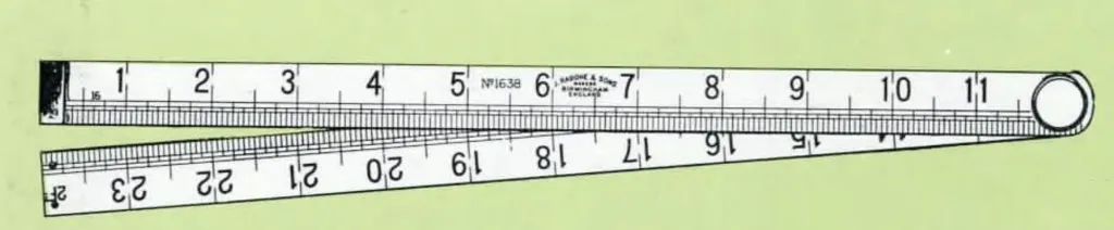 Illustration of a John Rabone & Sons machine-divided folding steel rule No. 1638, showing a 2-foot length, ¾ inch width, and 0.03 inch thickness. Marked in 8ths and 16ths of an inch with nickel silver tips.