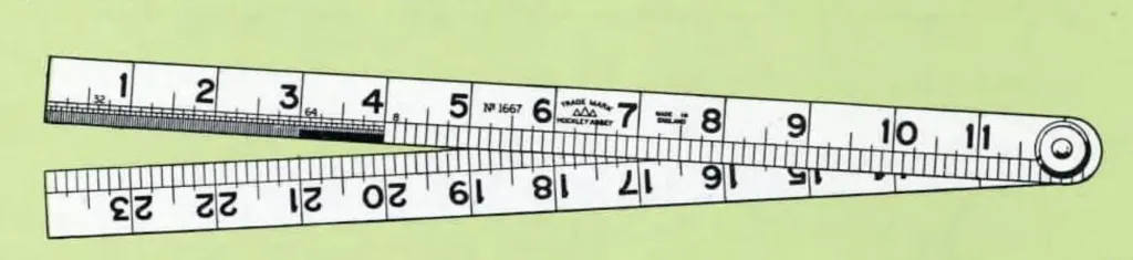 Folding steel rule No. 1667 by John Rabone & Sons, 2 feet long, 2 folds. Made of carbon steel, ¾ inch wide and 0.03 inch thick. Marked in 8ths, 16ths, 32nds, and 64ths, with spring stop joint.