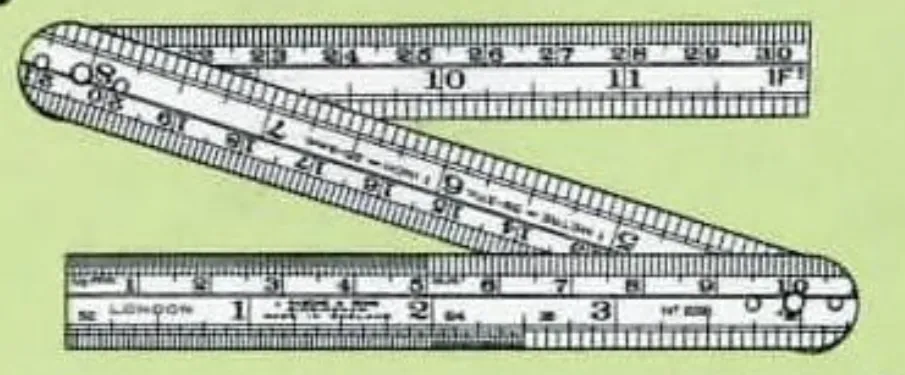 Close-up of John Rabone & Sons machine divided folding steel rules, models No. 226 and 235, with dual markings in inches and millimetres. Dimensions: ½ inch wide × 0.02 inch thick. Equipped with spring stop joints.