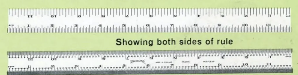 Close-up of Rabone No. 29 steel rule showing both sides with precise machine-divided graduations. Rule is marked on four edges with divisions in 8ths, 16ths, 32nds, and 64ths.