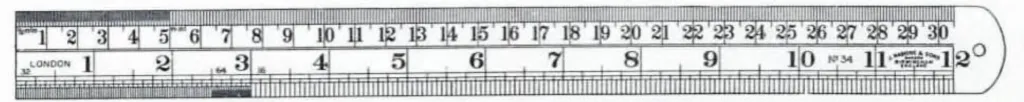 Close-up of a John Rabone & Sons steel rule, No. 34, available in 6-inch and 12-inch lengths. The rule is machine-divided and marked on two edges with measurements in inches (16ths, 32nds, 64ths) and in metric millimetres and half millimetres.