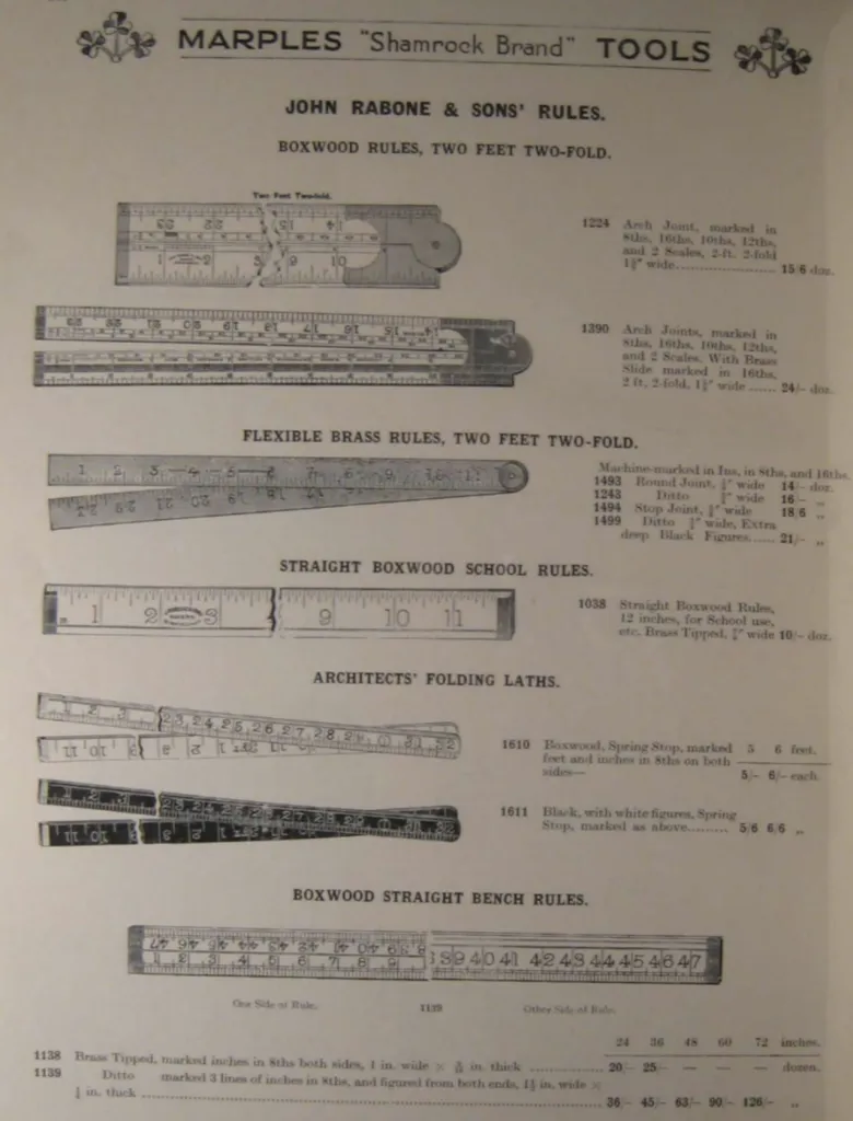 Catalog page showing Rabone and Sons two foot two fold boxwood rules with arch joints and brass slide, flexible brass folding rules, straight boxwood school rules, architects folding laths with spring stop, and boxwood straight bench rules marked on both sides.