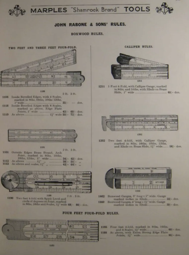 Catalog page of John Rabone and Sons boxwood folding rules and calliper rules showing two and three foot four fold models with bevelled edges or brass bound arch joints some with spirit level and degree circle plus calliper rules with brass slide to 32nds and four foot four fold rules.
