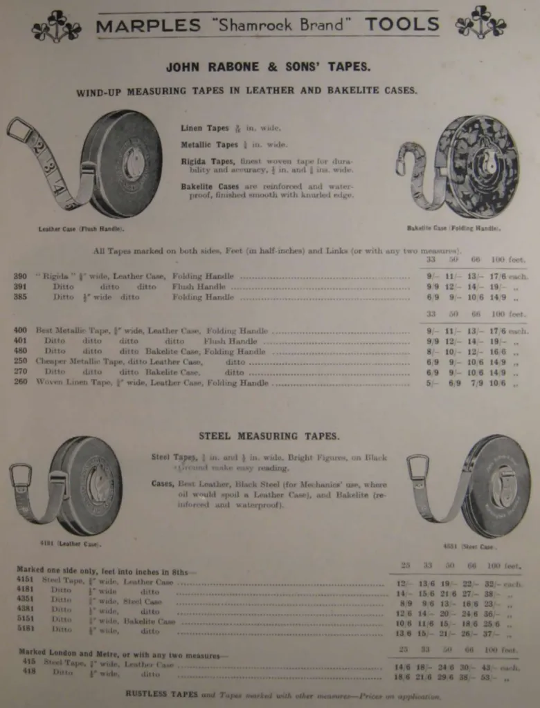 Marples 1938 catalog page showing Rabone and Sons wind up measuring tapes in leather and bakelite cases with linen, metallic, and Rigida blades plus steel tapes with bright figures, lengths 25 to 100 ft.