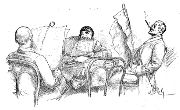 Black-and-white illustration of three men in a Viennese café reading newspapers, with Thonet bentwood chairs No. 19 visible around the table.