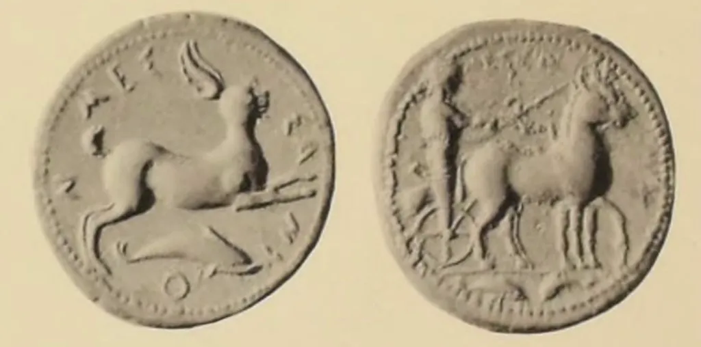 Ancient Greek silver tetradrachm coin from Messana, Sicily, showing a hare running right with a dolphin below on one side and a female charioteer driving a mule biga right with two dolphins in the exergue on the other side.