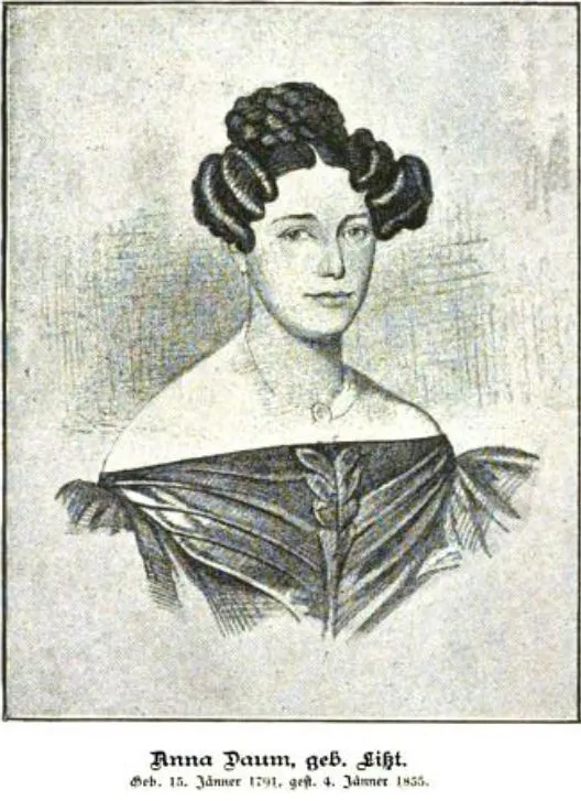 Engraved portrait of Anna Daum, dressed in 19th-century attire with an off-shoulder gown and elaborate hairstyle, identified as the owner of Café Daum in Vienna.