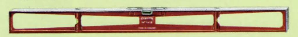 Illustration of Rabone non-adjustable die cast aluminium spirit level, rectangular frame with central cutouts, fitted with two vertical plumb tubes and one horizontal level tube. Shown in 24-inch (No. 1415) and 30-inch (No. 1416) sizes.