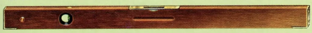 A vintage wooden spirit level for bricklayers, shown in a non-adjustable design with brass-tipped ends. Available in lengths from 24 to 48 inches, models No. 77 (one plumb, one level) and No. 78 (two plumbs, one level).