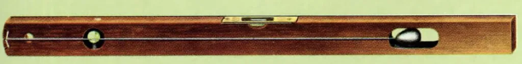 Vintage John Rabone & Sons No. 79 wooden spirit level for bricklayers, 2 7/8 inches deep by 1 inch wide, with one level tube, one plumb tube, and an attached lead plumb bob with line. Offered in 42-inch and 48-inch versions.