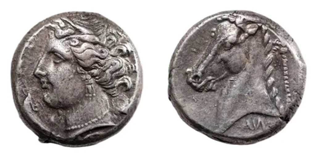 Nahaufnahme der Vorderseite einer silbernen Tetradrachme aus Panormos auf Sizilien mit dem nach links blickenden Kopf der Persephone, wallendem Haar und Ährenkranz; sichtbar sind zudem Umlaufspuren und Randunregelmäßigkeiten in der Münzkapsel.