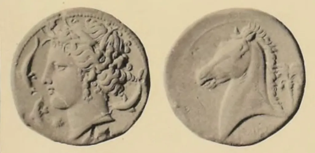 Silberne Tetradrachme aus Panormos in Sizilien, mit Vorder- und Rückseite: Links blickender Kopf der Persephone mit Ährenkranz, Muschel unter dem Kinn und Delphinen um den Kopf; auf der Rückseite Pferdekopf nach links, dahinter eine Palme und darunter eine punische Inschrift.