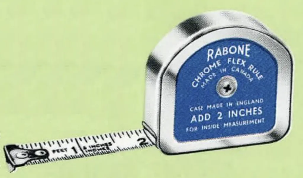 Vintage Rabone Chrome Flex Rule No. 3205, pocket measuring tape available in 6 ft, 8 ft, and 2-metre versions. Features a chromium-plated D-shaped case, rust-resistant steel tape, and adds 2 inches for inside measurements.