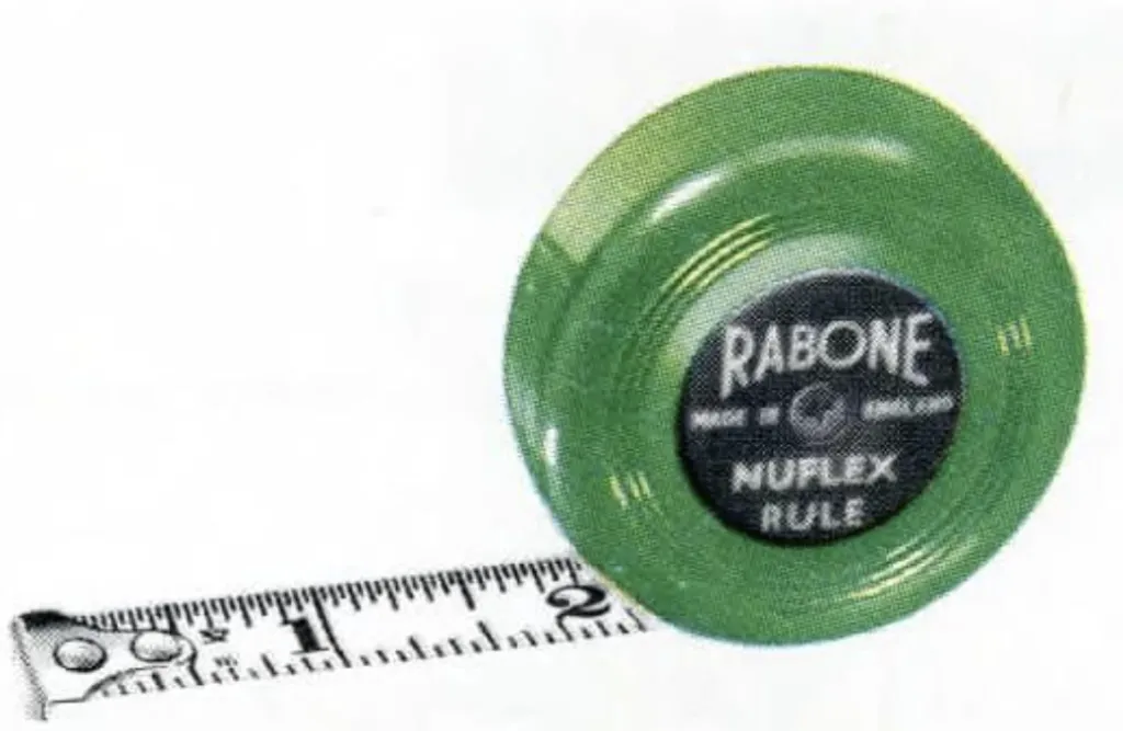 Green Rabone 'Nuflex' pocket measure with retractable white blade, marked in inches and metric units, offered in 6 ft and 2 m lengths.