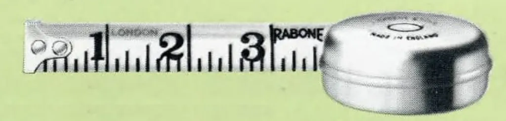Illustration of Rabone Pocket Measure SPRING Rule No. 350. A round 2-inch diameter chrome-plated case with a ⅝ inch wide white measuring tape extended, showing bold black inch markings. Available in 6 ft and 2 m versions.