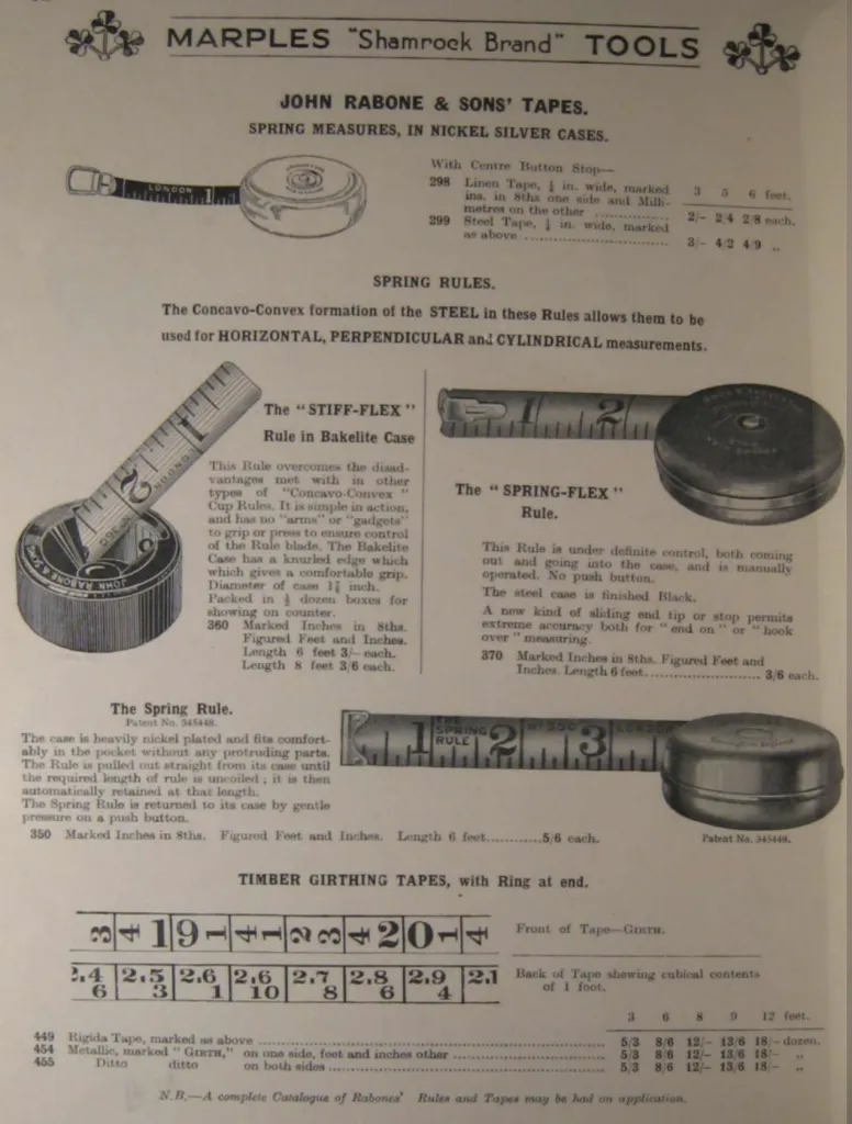 Rabone and Sons page with nickel silver case spring tape measures in inches and millimetres, Stiff Flex and Spring Flex bakelite cup rules, push button spring rule, and timber girthing tapes with ring end and cubic content scale.
