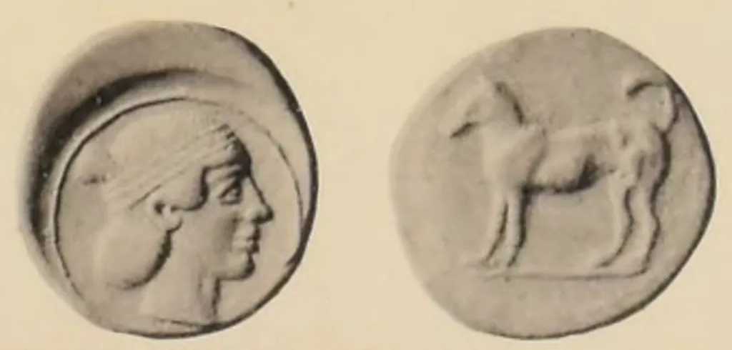 Ancient Greek silver didrachm from Segesta in Sicily, shown in two views, with the head of the nymph Segesta facing right on the obverse and a hound standing left on the reverse.