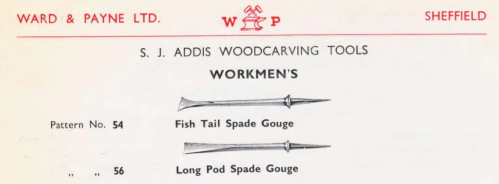 A vintage technical illustration of two specialized woodcarving tools. The top tool, a Fish Tail Spade Gouge, features a blade that flares out significantly at the cutting edge. The bottom tool, a Long Pod Spade Gouge, has a more gradual taper toward a wide edge. Both are shown as unhandled steel blades with sharp tangs and integral bolsters.