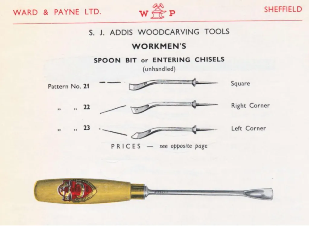 A vintage catalog page illustrating technical drawings of unhandled spoon bit or entering chisels in square, right corner, and left corner patterns, alongside a photograph of a complete, handled spoon chisel.