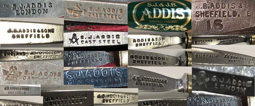 A collage of macro photographs showing various stamped maker's marks on metal tool shanks, featuring variations of S. J. Addis and J. B. Addis alongside London and Sheffield geographic origins.