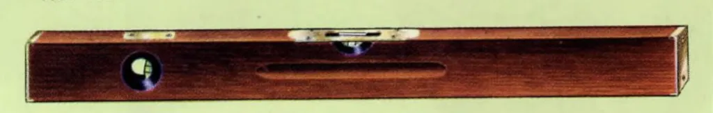 Illustration of Rabone Spirit Level No. 113 with wooden body, brass cover plates, tipped ends, one level tube, and one plumb tube, adjustable design, shown in 24–36 inch sizes.