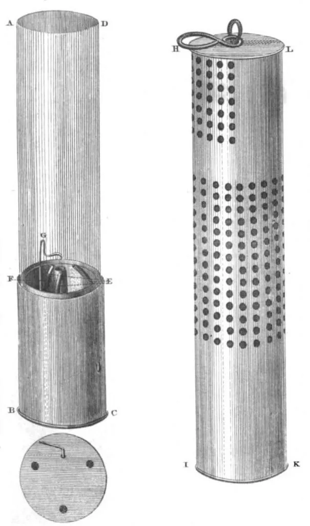 Zwei technische Ansichten von George Stephensons Geordie-Sicherheitslampe. Links: Zerlegte Ansicht mit zylindrischer Flammenkammer, Innenraum und Bodenplatte mit drei Öffnungen. Rechts: Zusammengesetzte Lampe mit perforiertem Metallgehäuse und oberer Trageschlaufe.