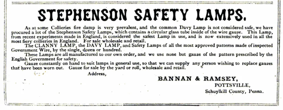 Historic advertisement for Stephenson Safety Lamps, marketed in Schuylkill County, Pennsylvania, highlighting safety over the Davy Lamp.