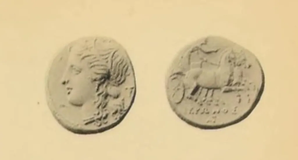 Gold 60-litrai coin of Hiero II from Syracuse, Sicily, showing the head of Persephone and a biga driven by a female charioteer.