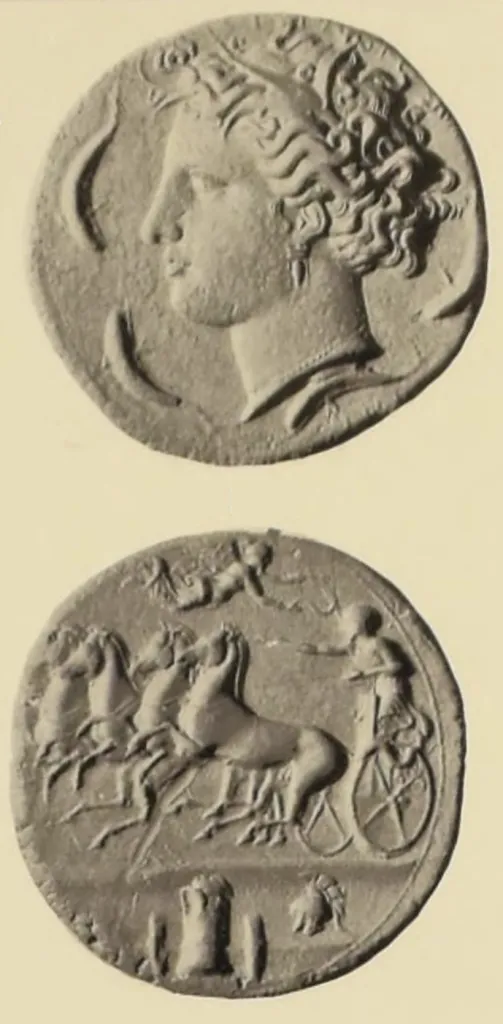 Ancient Greek silver dekadrachm from Syrakousai in Sicily, shown with obverse above and reverse below on a light background: the obverse has Persephone facing left with a wreath of grain leaves and surrounding dolphins, while the reverse shows a quadriga racing left with Nike above and trophy armor below.