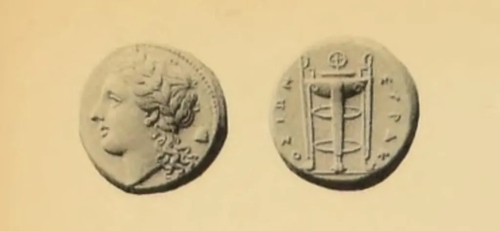 Elektron-Hemistater aus Syrakus auf Sizilien mit dem lorbeerbekränzten Kopf des Apollo und einem Dreifußkessel mit der Legende SYRAKOSION.