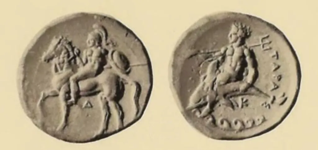 Ancient Greek silver didrachm from Taras in Calabria, shown in two views, with a youthful helmeted horseman riding left and carrying shield and spear on the obverse, and Taras seated on a dolphin left with trident, K below, and waves beneath on the reverse.