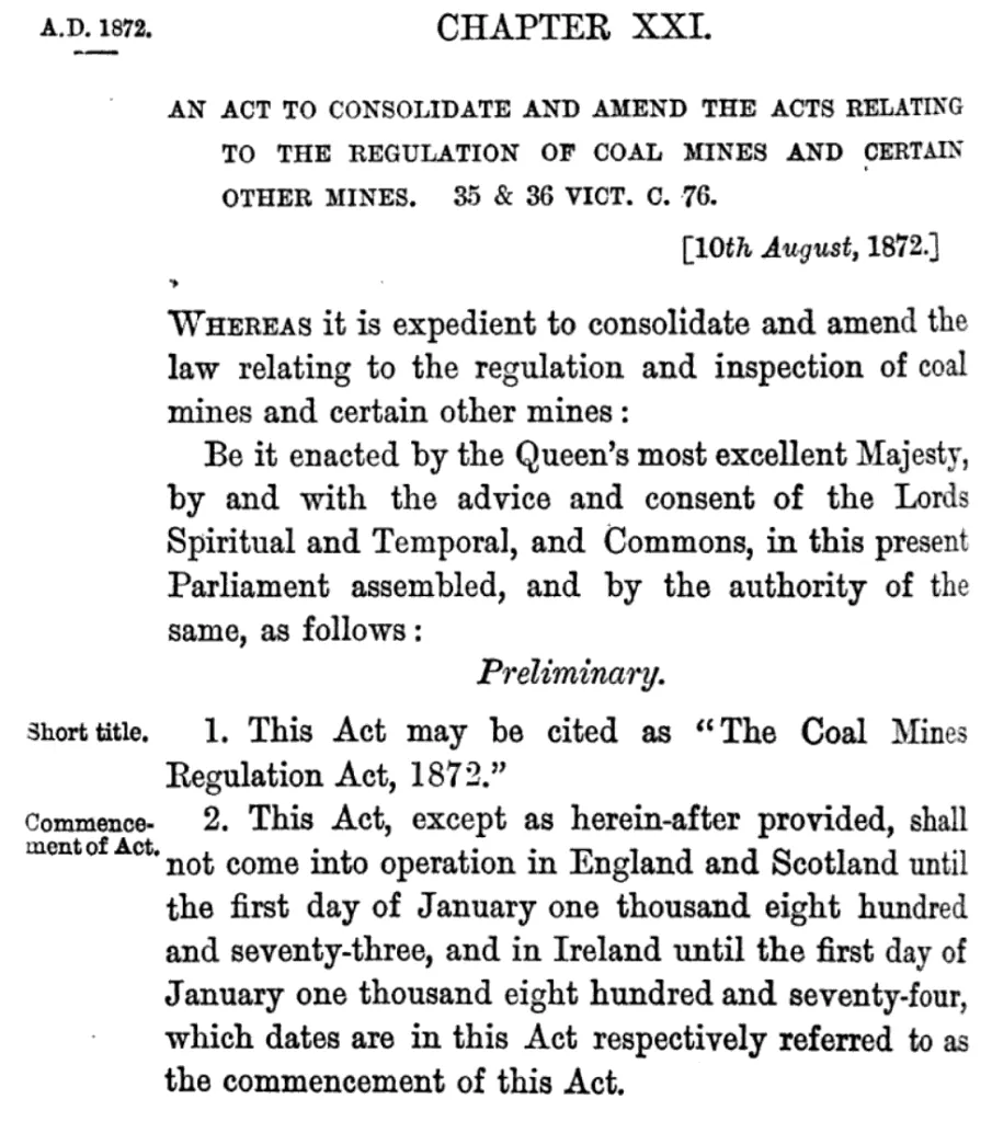 Erste Seite des Coal Mines Regulation Act von 1872