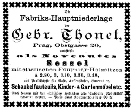 Black-and-white 1877 newspaper advertisement by Gebrüder Thonet in Café- und Gasthaus-Zeitung, featuring offers for elastic veneer wood seat chairs, rocking chairs, and other furniture.