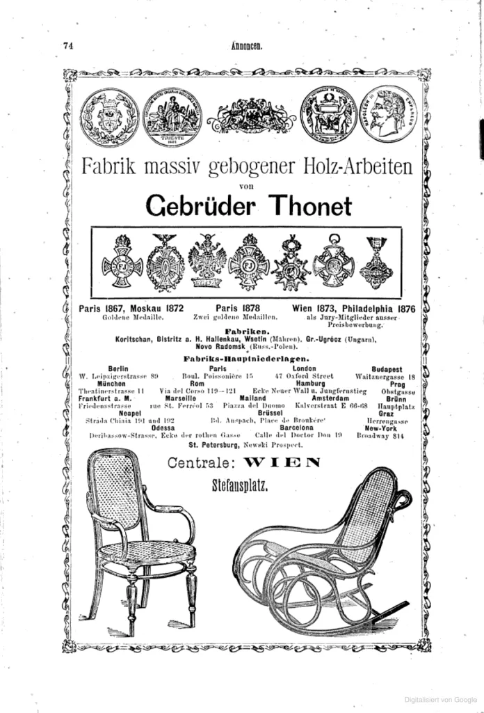 Vintage Gebrüder Thonet advertisement from 1889 in the Export-Compass, featuring bentwood chairs, medals, and a list of worldwide factories and showrooms.