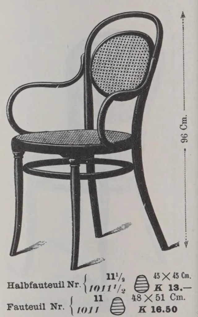Vintage illustration of Thonet bentwood armchair Model No. 11 from the 1904 Gebrüder Thonet catalogue, with curved armrests, oval cane backrest, and woven cane seat.