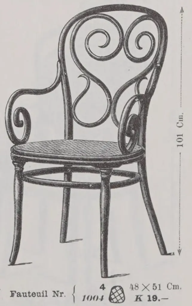 Vintage illustration of Thonet bentwood armchair Model No. 4 from the 1904 Gebrüder Thonet catalogue, with elaborate swirling backrest, armrests, cane seat, and rounded legs.