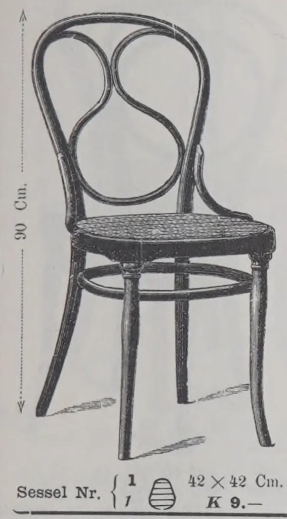 Black-and-white illustration of a Thonet bentwood chair, Model No. 1, with a round cane seat and looped backrest, from the Gebrüder Thonet catalogue, 1904.