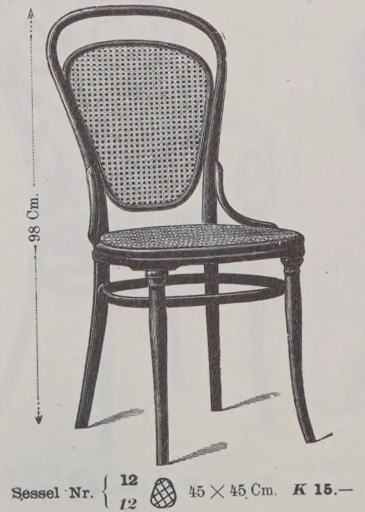 Illustration of Thonet bentwood chair Model No. 12 from the 1904 Gebrüder Thonet catalogue, with a high cane backrest and woven cane seat.