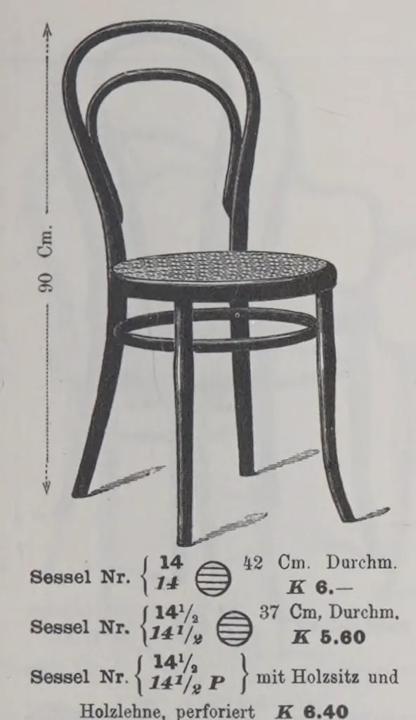 Illustration of Thonet bentwood chair Model No. 14 from the 1904 Gebrüder Thonet catalogue, featuring a simple round cane seat available in two diameters: 42 cm and 37 cm.