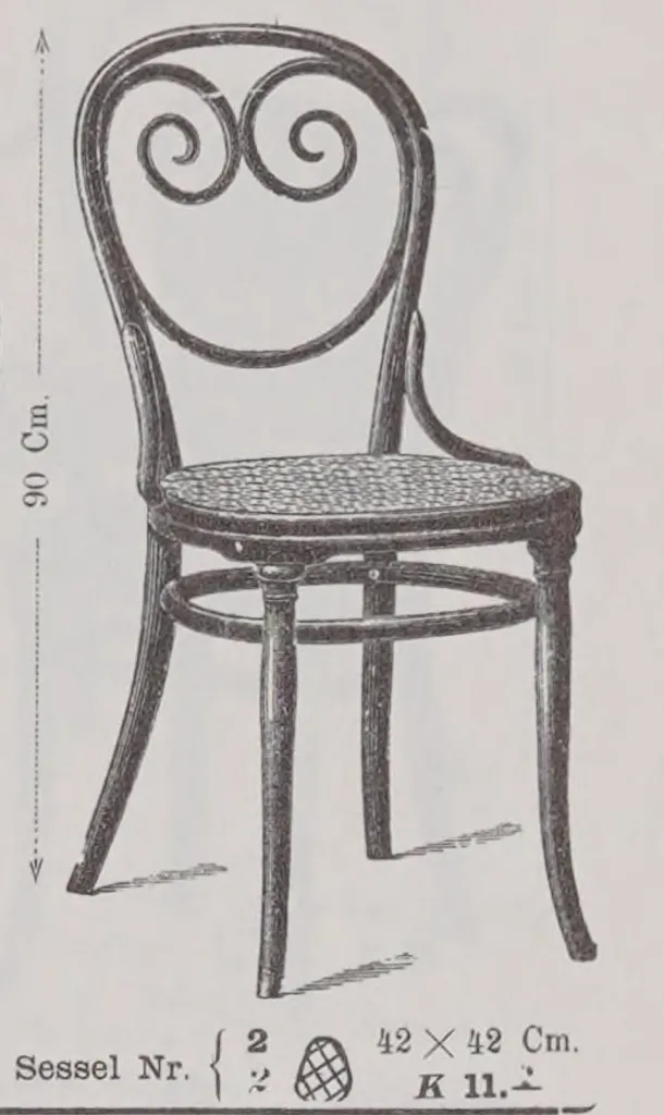 Black-and-white illustration of Thonet bentwood chair Model No. 2 with a cane seat and decorative double scroll backrest, from the Gebrüder Thonet catalogue, 1904.
