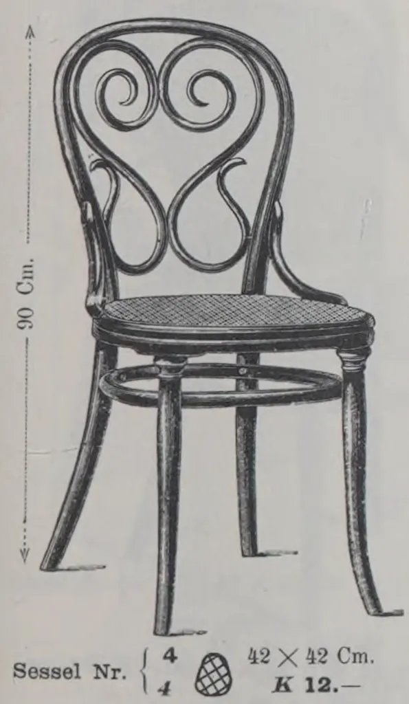 Black-and-white illustration of Thonet bentwood chair Model No. 4 with cane seat and ornate double-scroll backrest, from the Gebrüder Thonet catalogue, 1904.